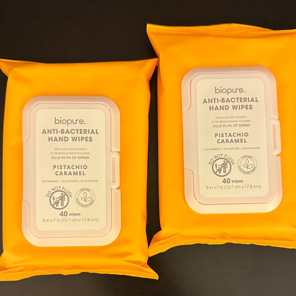 2 Pistachio Caramel Anti-Bacterial Hand Wipes — Orange Pack